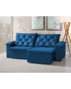 Sofa Retrátil Reclinável Milão Premium 2,90m 5 Lugares Estofado Veludo Com Braço Almofadado Azul 